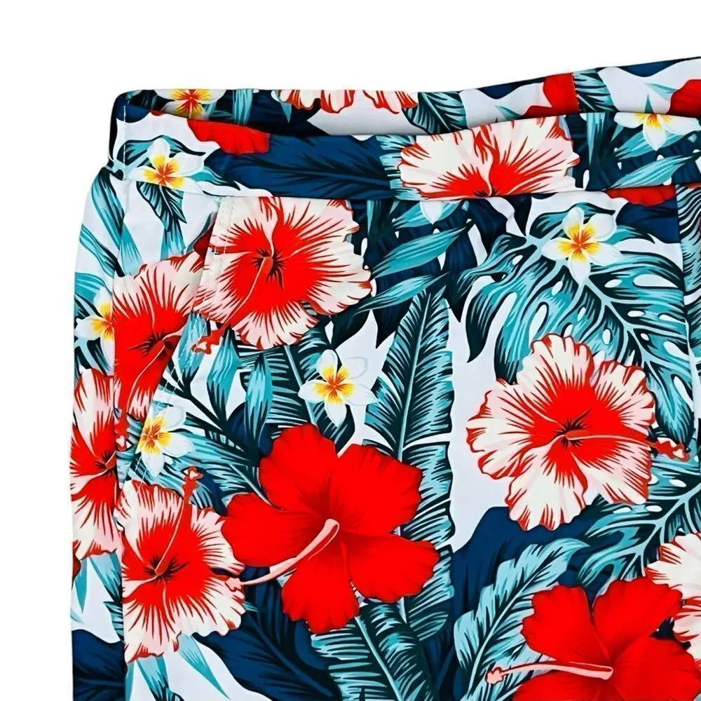 PatPat Swimsuit Men’s Red Green Tropical Hibiscus Trunks Shorts Pull On NWOT